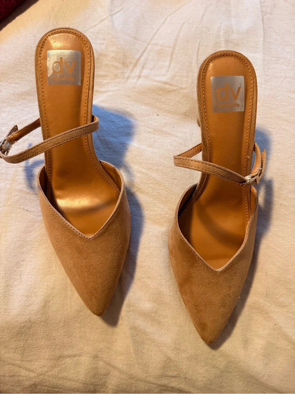 DV by Dolce Vita Tan Suede Pointed Mules with Ankle Strap